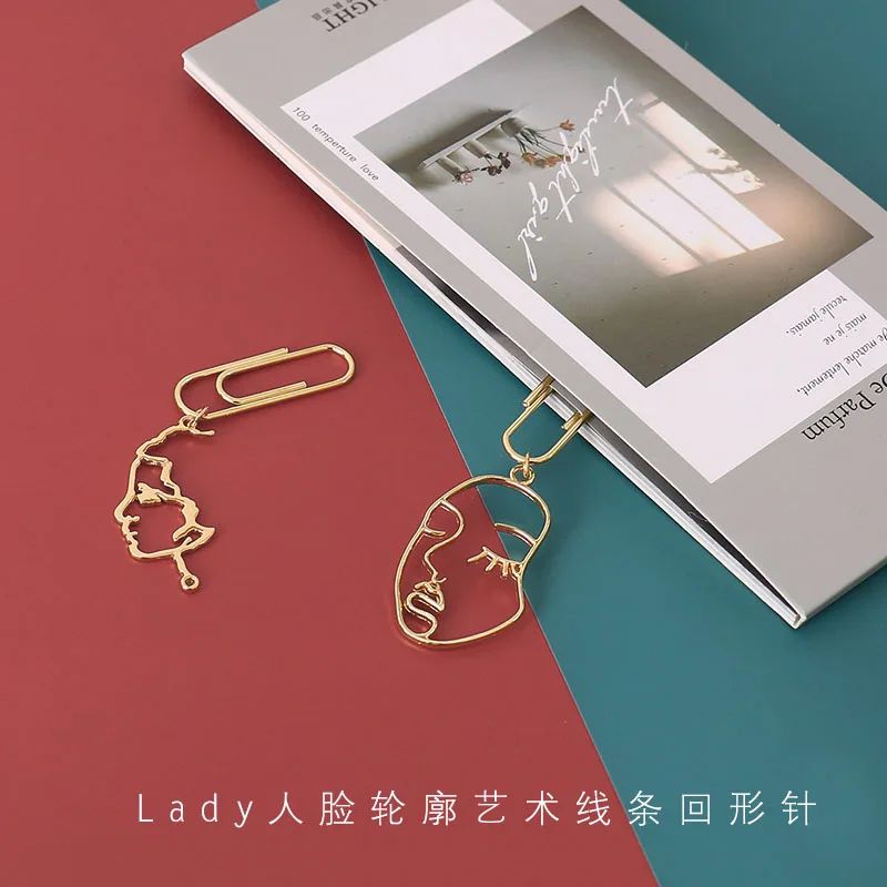 2pcs Lady Face Paperclip Gold Metal Hollow Pendant Girl Face Paper Clip Decorative Pin