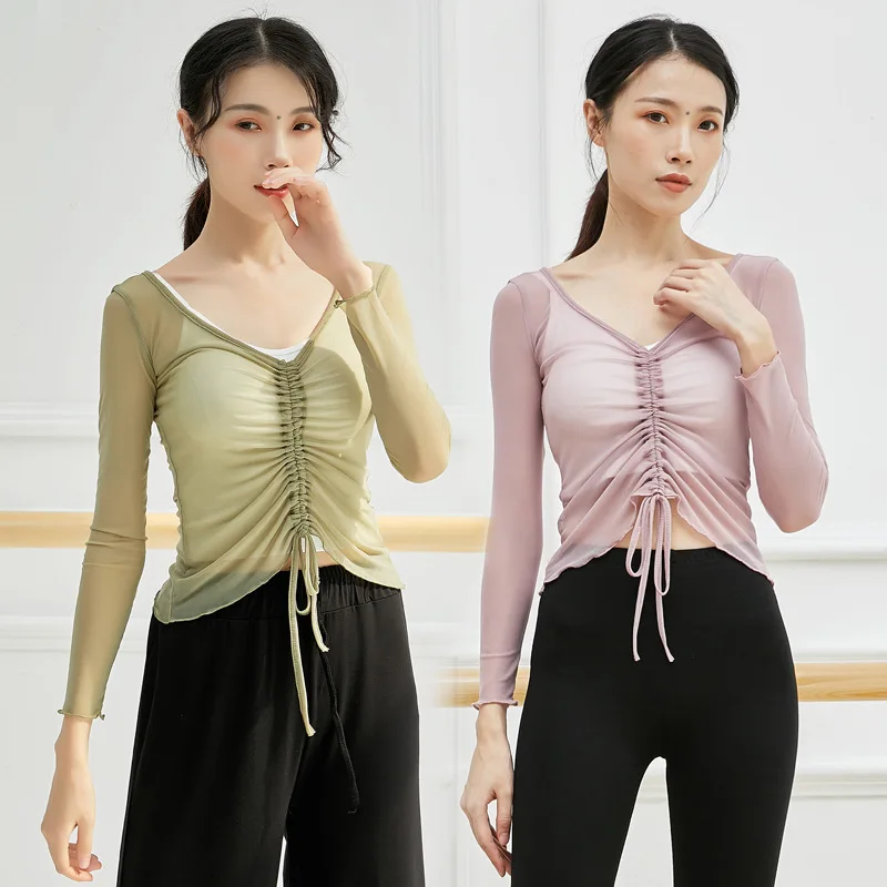 Maglia per adulti scollo a V balletto latino danza del ventre Top camicetta trasparente camicia Costume per le donne abiti da ballo ballerino indossare abbigliamento