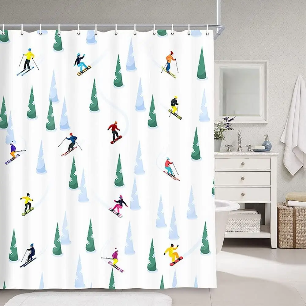 Winter Sports Shower Curtains,Motivational Skiing Sporter with Christmas Tree in Snow,Polyester Fabric New Year Bath Curtain Set