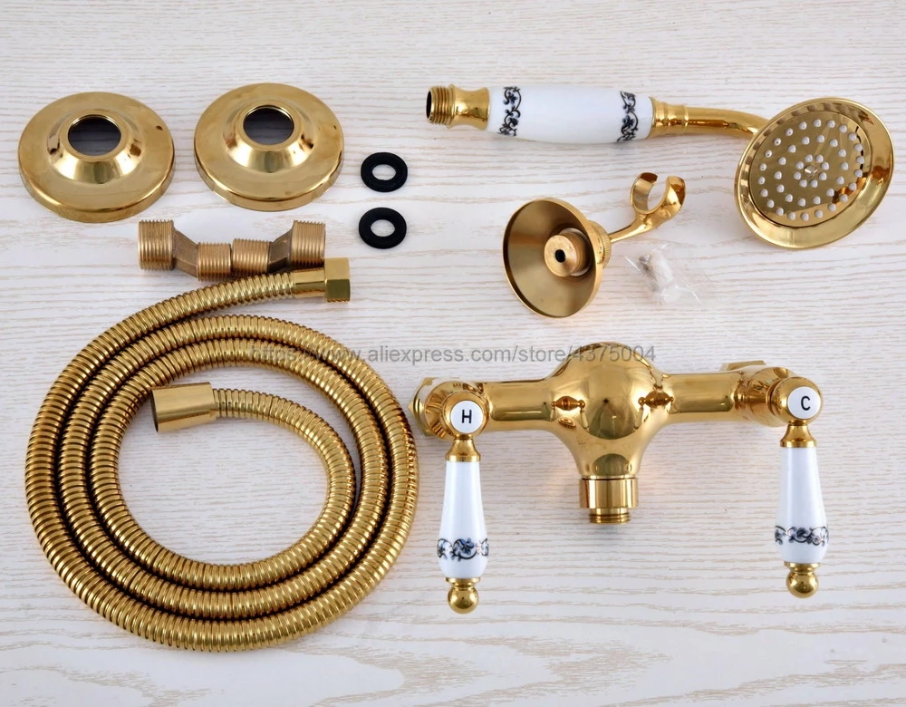 Imagem -06 - Ouro de Bronze Fixado na Parede do Banheiro Bacia Mixer Torneira com Chuveiro de Mão Cabeça & Torneira do Chuveiro Nna982 Cor do