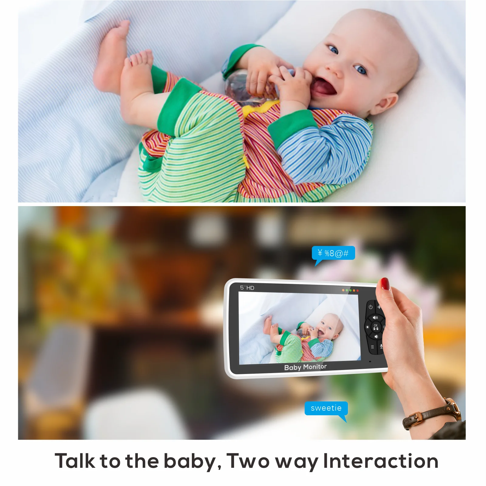 Nuovo Baby Monitor Video da 5 pollici con fotocamera e Audio, Zoom 4X, batteria da 22 ore, intervallo di 1000 piedi sensore di temperatura a 2 vie ninna nanna