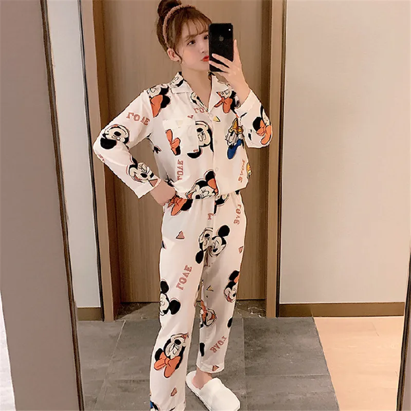 디즈니 만화 미키 잠옷 여성용, 귀엽고 귀여운 만화 홈 서비스 잠옷, 여성 학생 투피스 수트, 가을
