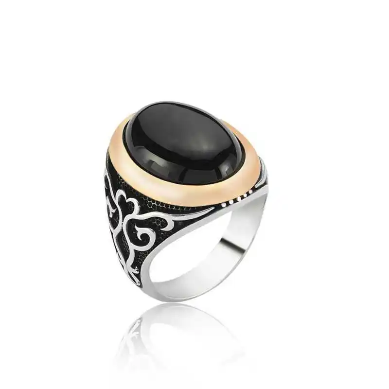 Silver Black Stone Men's Ring - 925 Sterling Men's Jewelry Wedding Birthday Gift - Box - Men - Fashion - Botiva - Size - Turkish - Patterned Embroidery