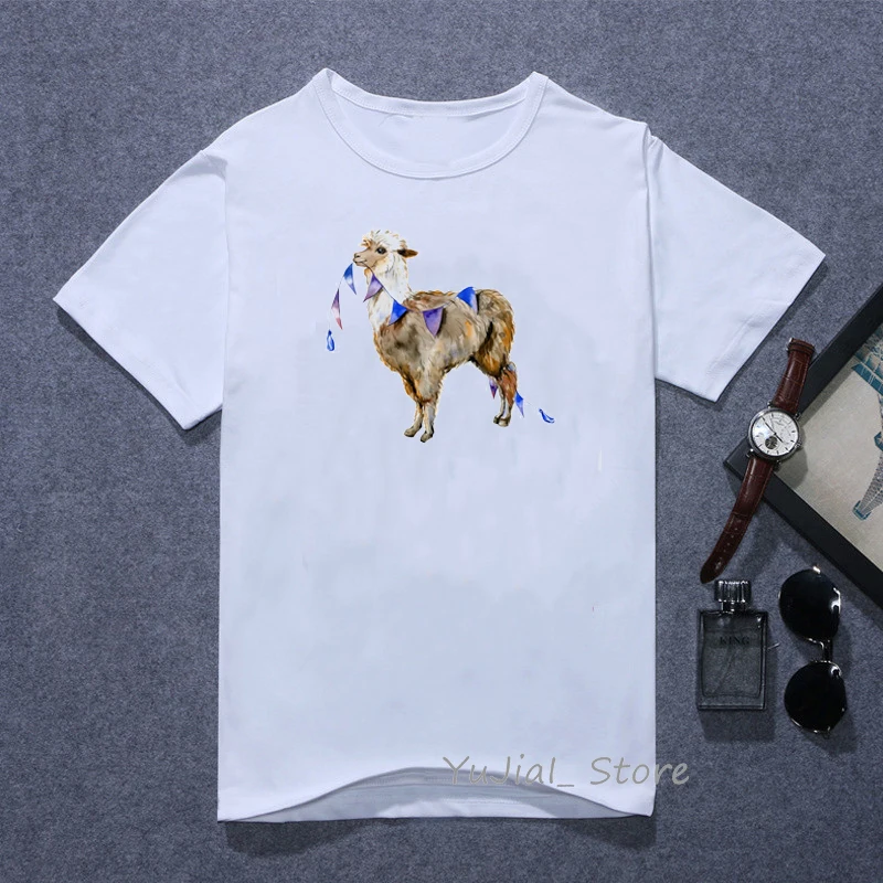 

2024 Funny Watercolor Alpaca Or Llama Animal Print T-Shirt Women Summer Tops Tee Shirt Femme Harajuku Shirt White T Shirt