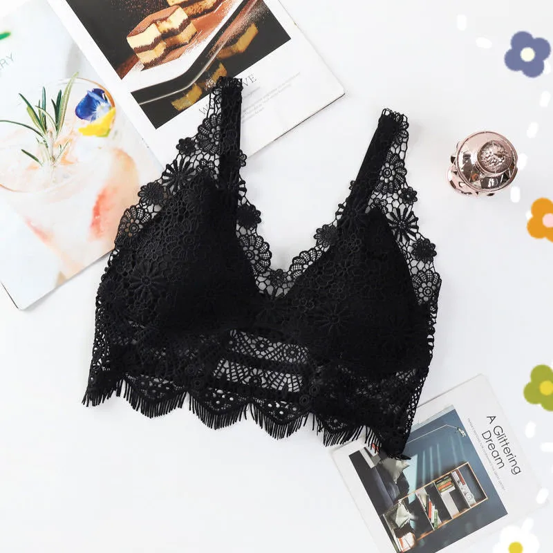 Deep V Lace Bra Tops Wire Free Brassieres Women Underwear Sexy Lingerie Beauty Back Bralette Bras for Women Removable Pads Top