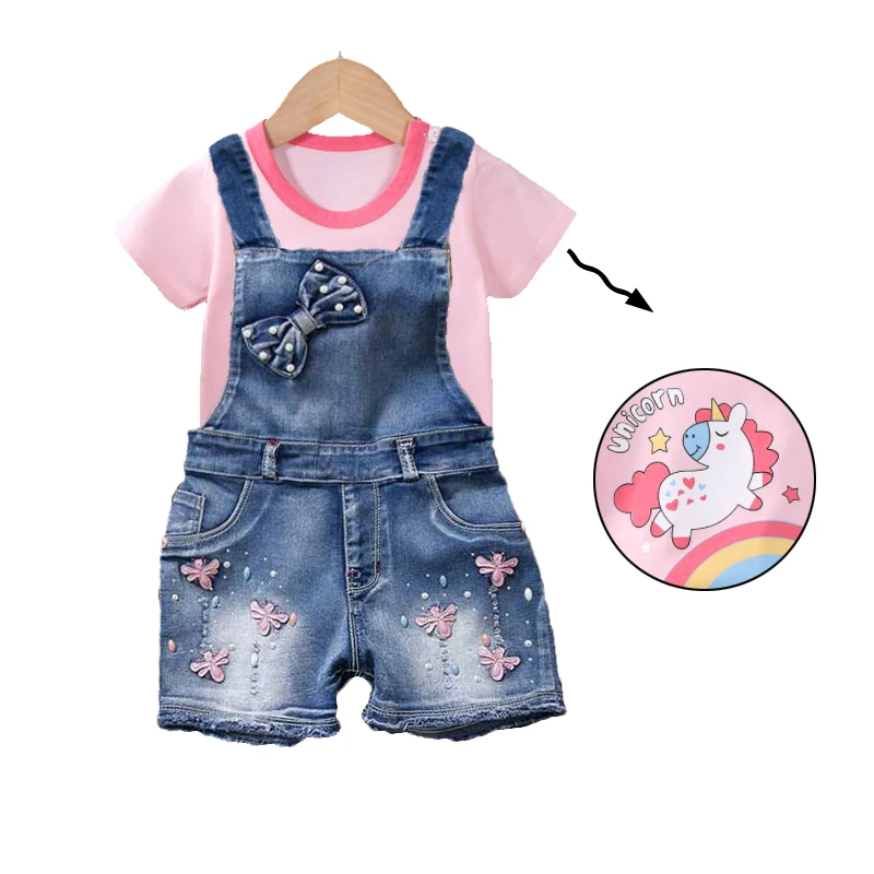 Summer Clothes Suit Children Fashion Girls Cartoon T-Shirt +Cotton Suspenders 2Pcs/set Toddler Casual Clothing Kids Tracksuits