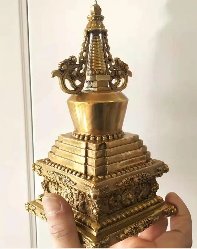 Tibetan Buddhism 100% Brass 12cm Shakyamuni Eight treasures Tathagata stupa pagoda