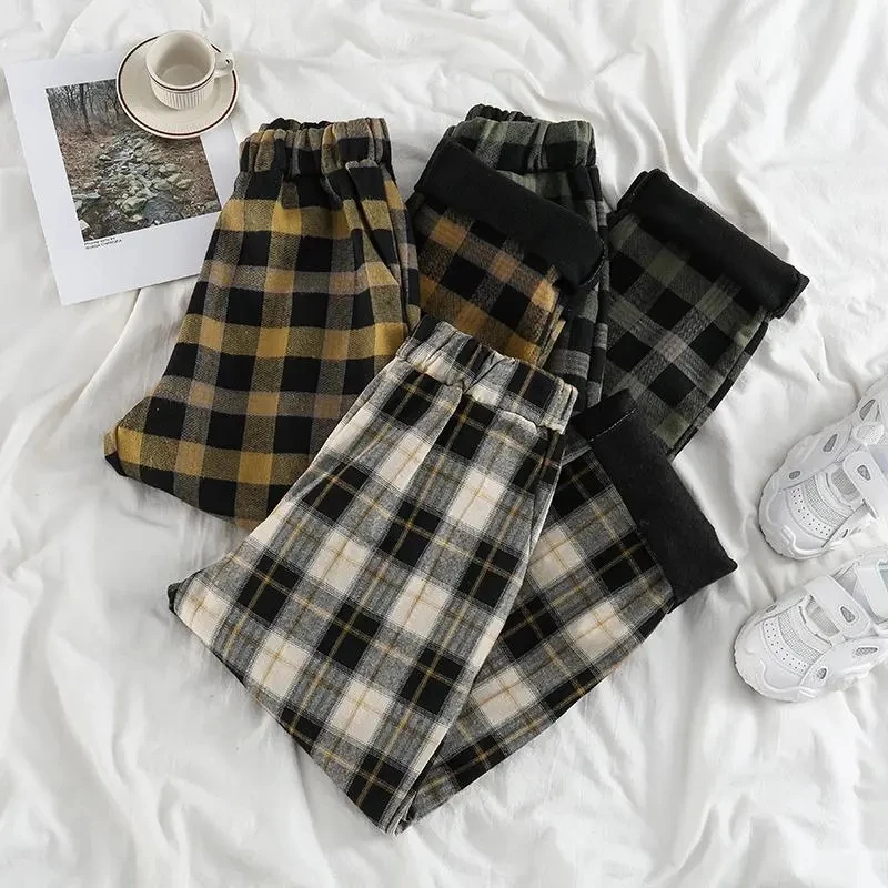 JMPRS Vintage Plaid Pants Women Thicker Plus Velvet Korean Style Simple Chic Trendy Popular All-match Leisure Female Bottom 