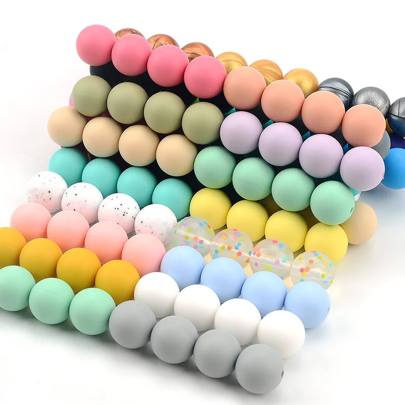 LOFCA 15mm 100pcs silicone Beads food grade Round Teether Beads Baby Chewable Teething Beads Pacifier Pendant Making Accessories