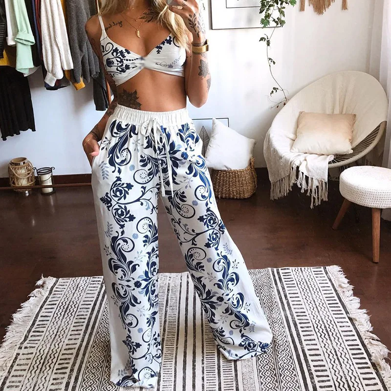 Ensemble de survêtement deux pièces pour femmes, style boho plage, sous-vêtements College, pantalon large adt, tenues florales de mer, été 2021