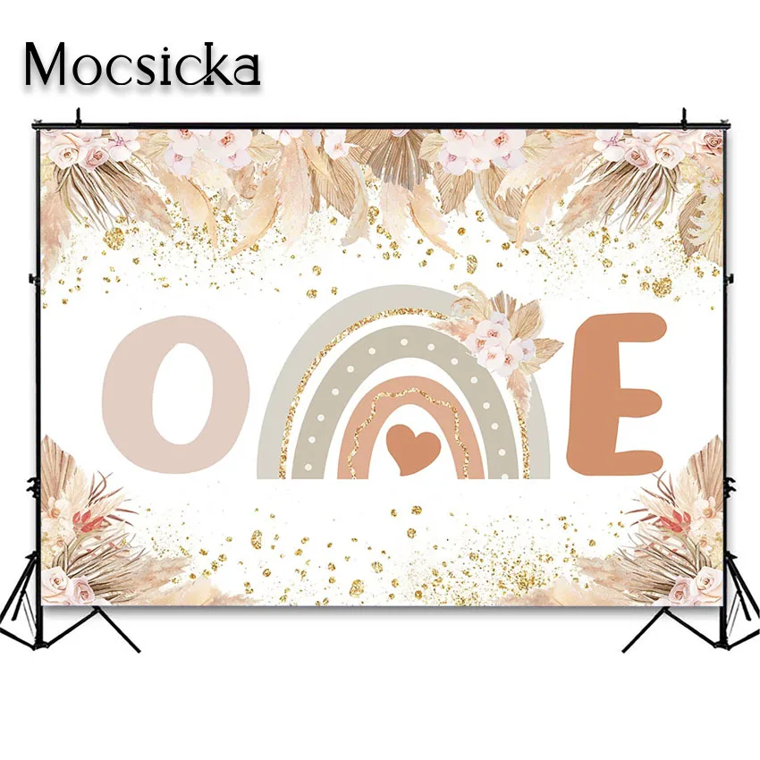 Mocsicka-Bohemian Rainbow Birthday Backdrop, Pampas Grass, 1st Birthday Party Decoration, Bolo Smash Background