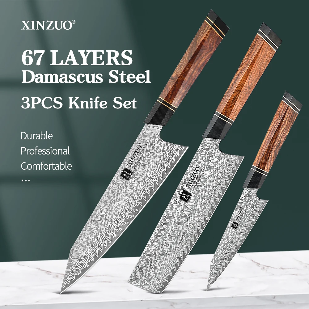 XINZUO Kitchen Knife Set 3PCS Kit Damascus Super Steel Japanese Style Carbon Steel Chef Knife Utility Knife Nakiri Knife Tools