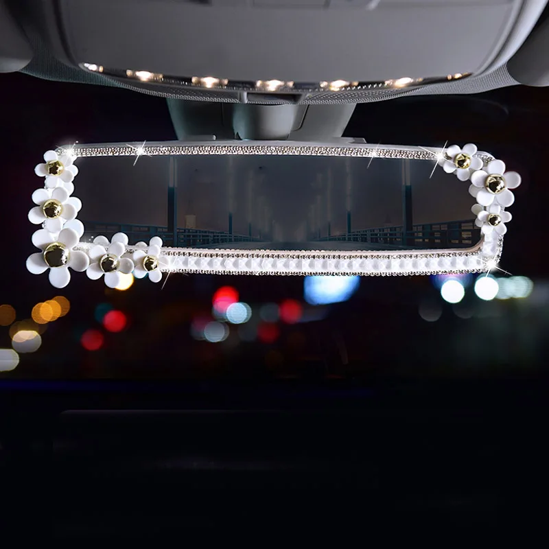 Bling Car Diamond Interior Rearview Mirror Decoration Daisy Flower Crystal Car Rear View Mirror for Girls Women Auto Accessories