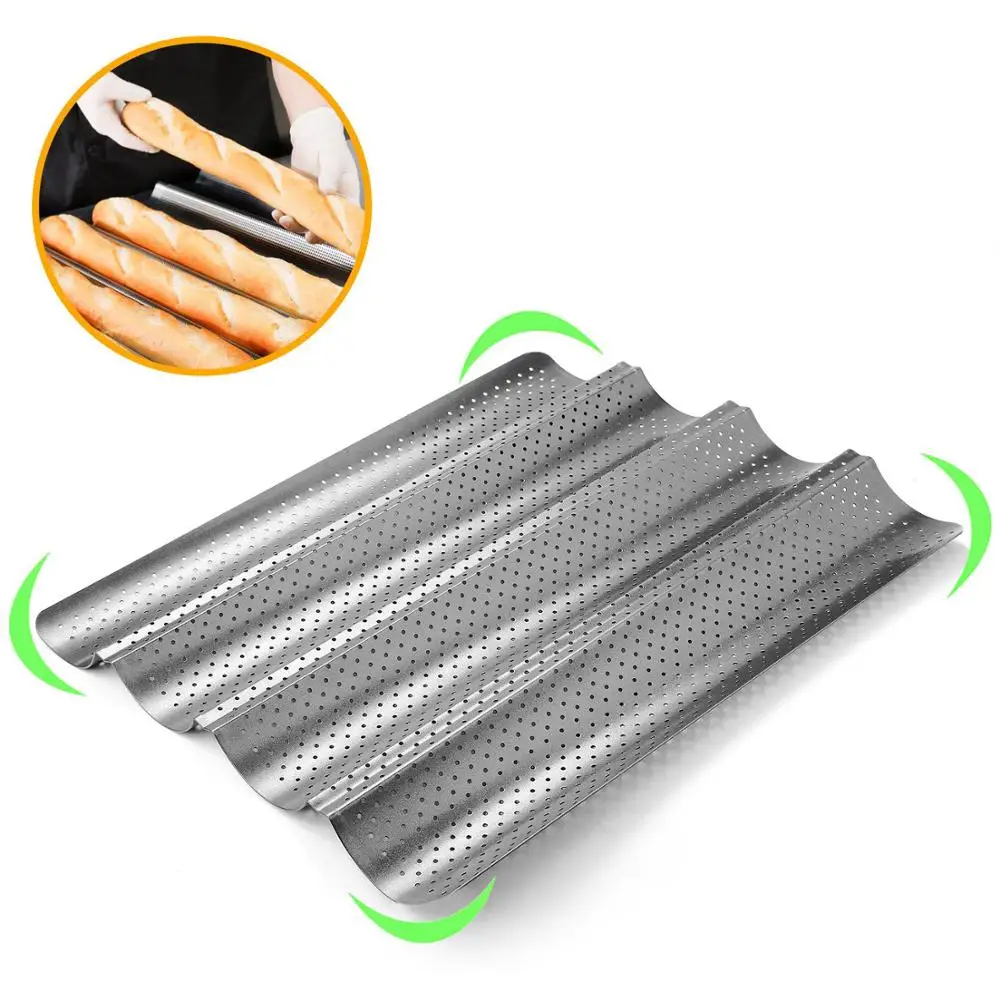 Nonstick Perforated French Bread Pan Loaf Bake Mold Toast Cooking Bakers Molding Toaster Pan Cloche Waves Silver Steel Tray