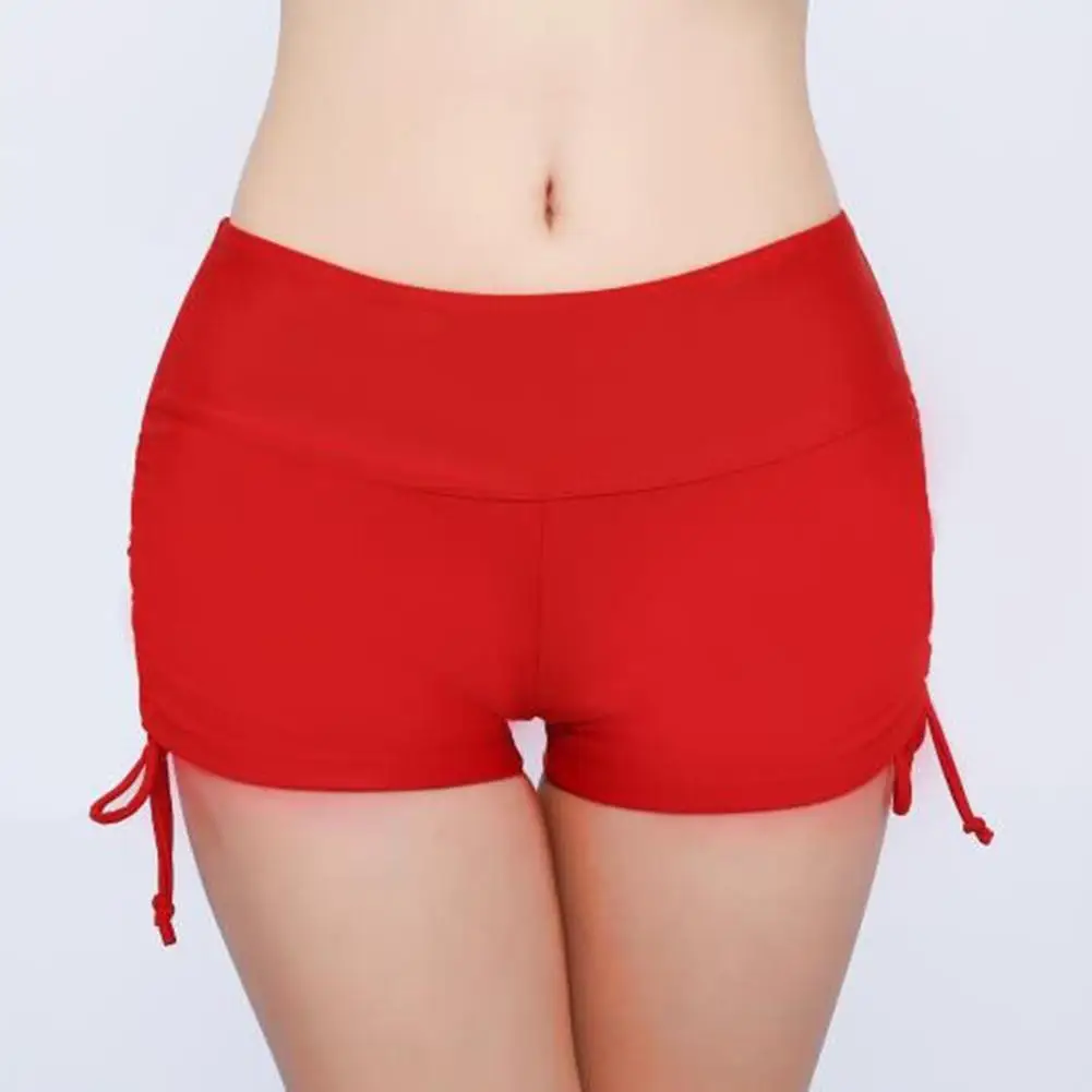 Summer Beach Women Solid Color Bikini Bottom Side Pleated Bandage Swim Shorts