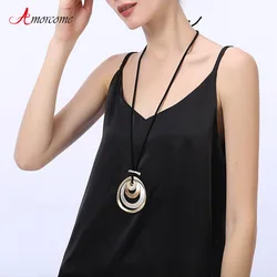 Amorcome Vintage Women Long Leather Necklace Contrast Color Metal Circle Pendant Suspension Chains Collares Necklace Jewelry