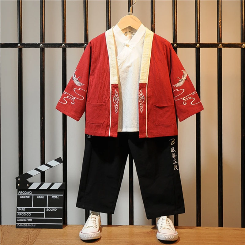 

Spring autumn new boys cotton and linen Han suit Chinese costume traditional boy costume three-piece suit casual boy clothes