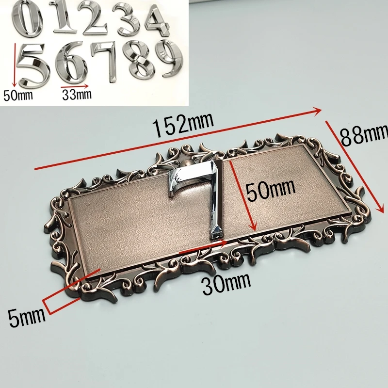 Placa de puerta con número de casa, letrero personalizado, pegatina de número para Hotel, apartamento, plástico ABS, 2 dígitos con un marco, imitación de Metal, bronce