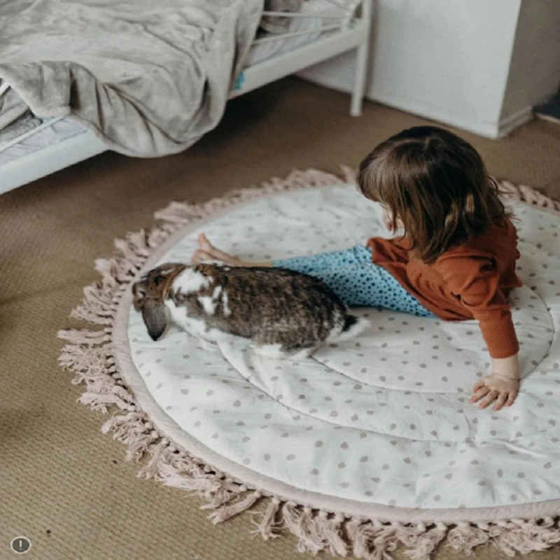 Karpet Lantai Bayi 120Cm dengan Tepi Bunga Katun Lembut Karpet Bermain Permainan Balita Bantalan Merangkak Bantal Aktivitas Tanah Anak-anak