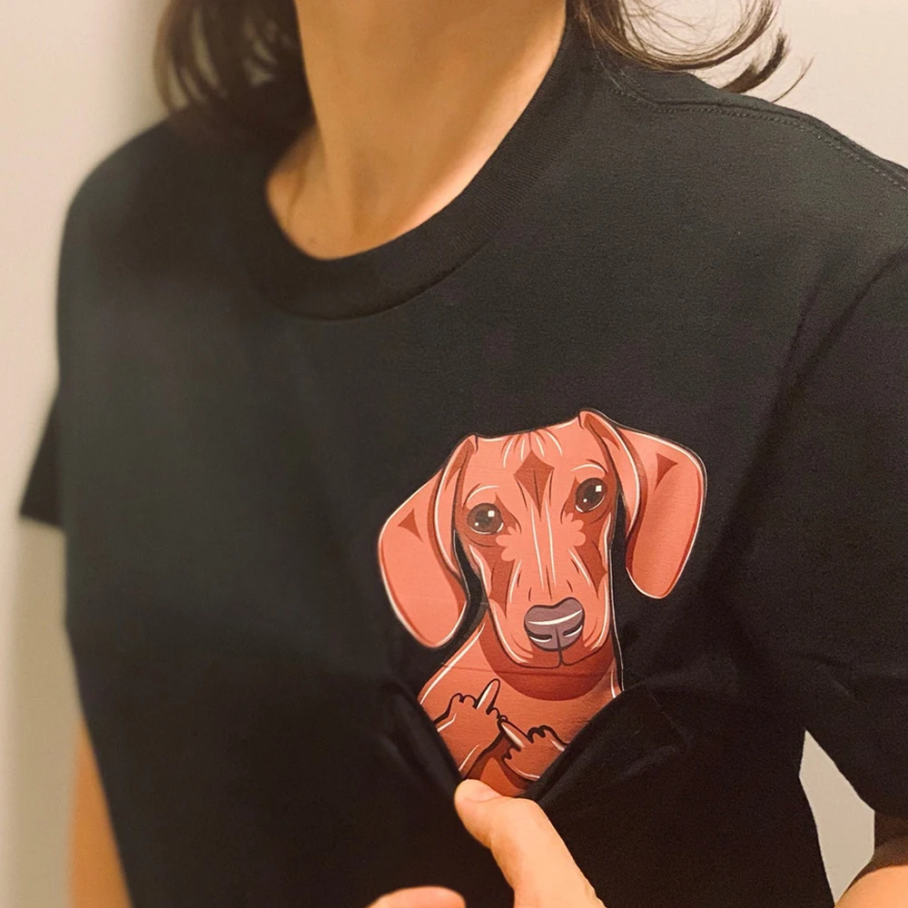 CLOOCL Animals Cotton T-Shirt Dachshund Dog with Middle Finger In The Pocket Funny Printed T-shirt Fashion Hip Hop Cotton Tees