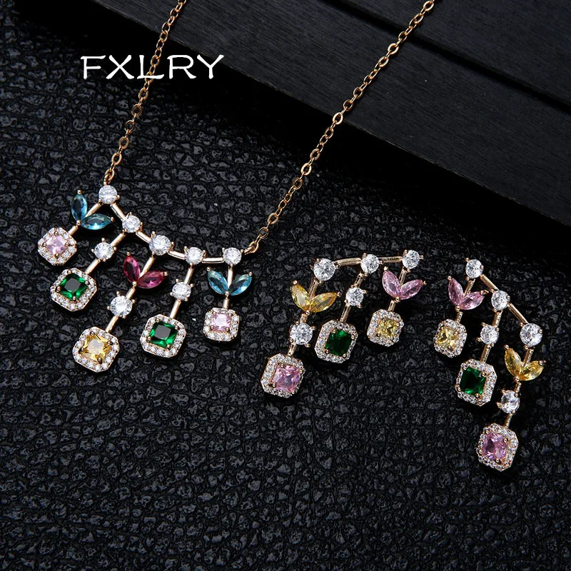 FXLRY New design luxury AAA zircon round flower shape Earrings necklace set for women party/Wedding jewelry