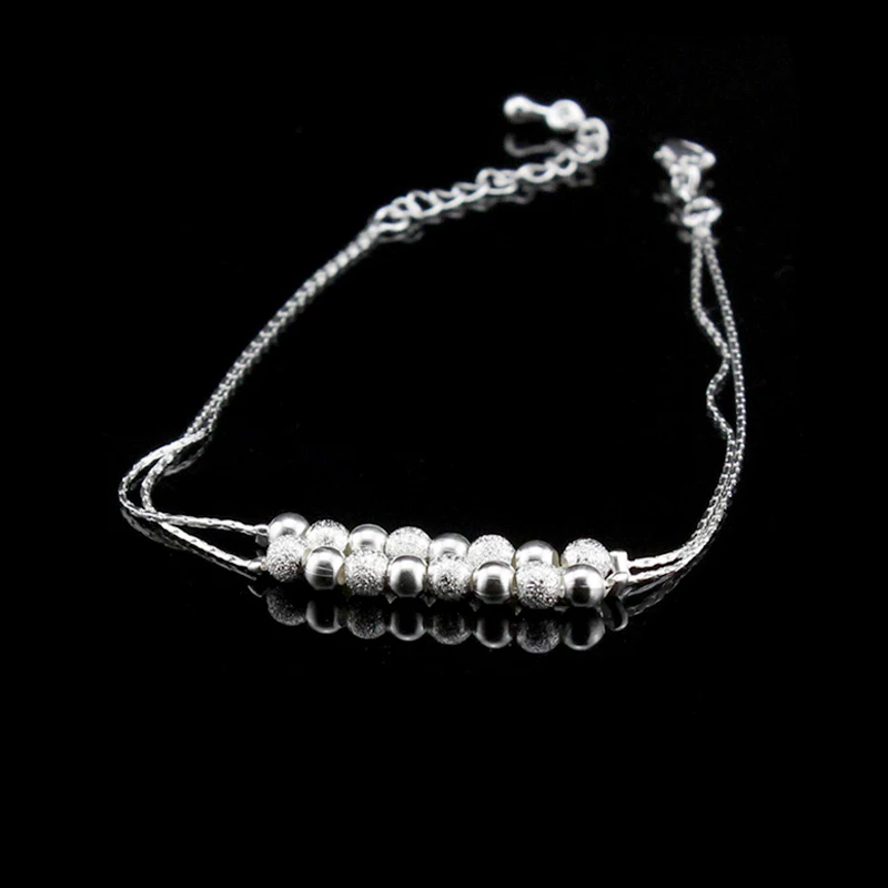 Hot Sale Double Layer Ball Bead Women Anklet 925 Sterling Silver Frosted Beads Pendant Foot Chain Beach Anklets Bracelet Jewelry