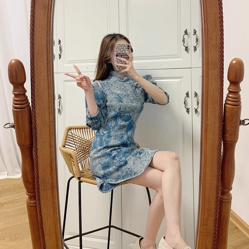 Qipao-vestidos azules Cheongsam, con cuentas de uñas, Cheongsams, chino, Oriental