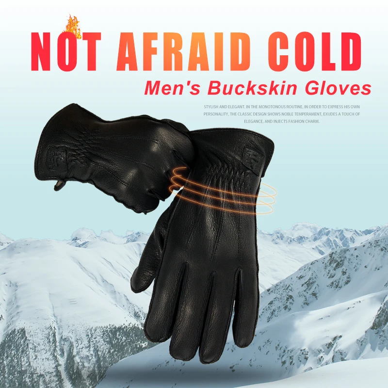 Novo inverno luvas de couro masculino ao ar livre quente macio resistente ao desgaste costura exterior linhas pretas padrão deerskin mittens forro