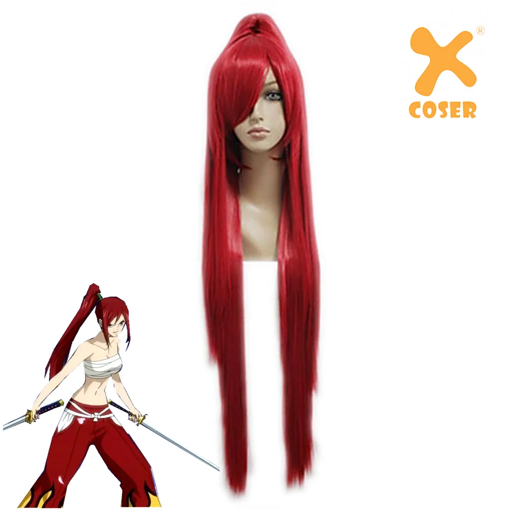 Xcoser Erza Scarlet Wig Cosplay Long Red Straight 100cm Wig with Single Pony Tail Halloween Props