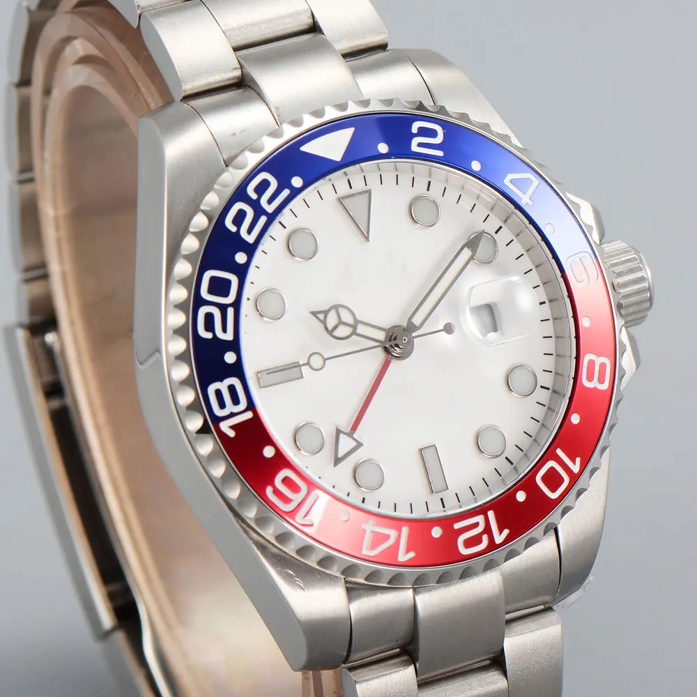 

43MM White Dial Blue Red Insert Bezel Blue GMT Pointer Sapphire Luminous watch face Marks Automatic Movement Men's Watch