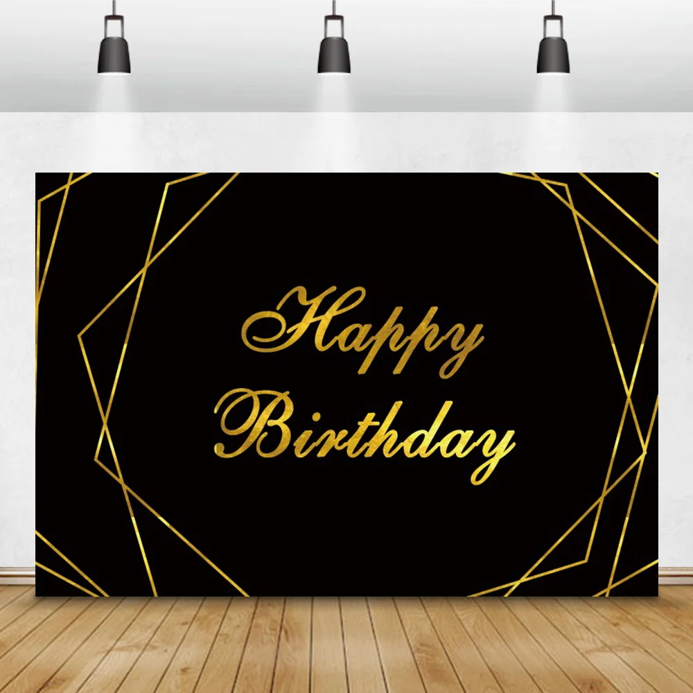 

Happy Birthday Photo Background Black Gold Frame Wedding Customize Poster Family Portrait Photography Backdrop Photocall Banner