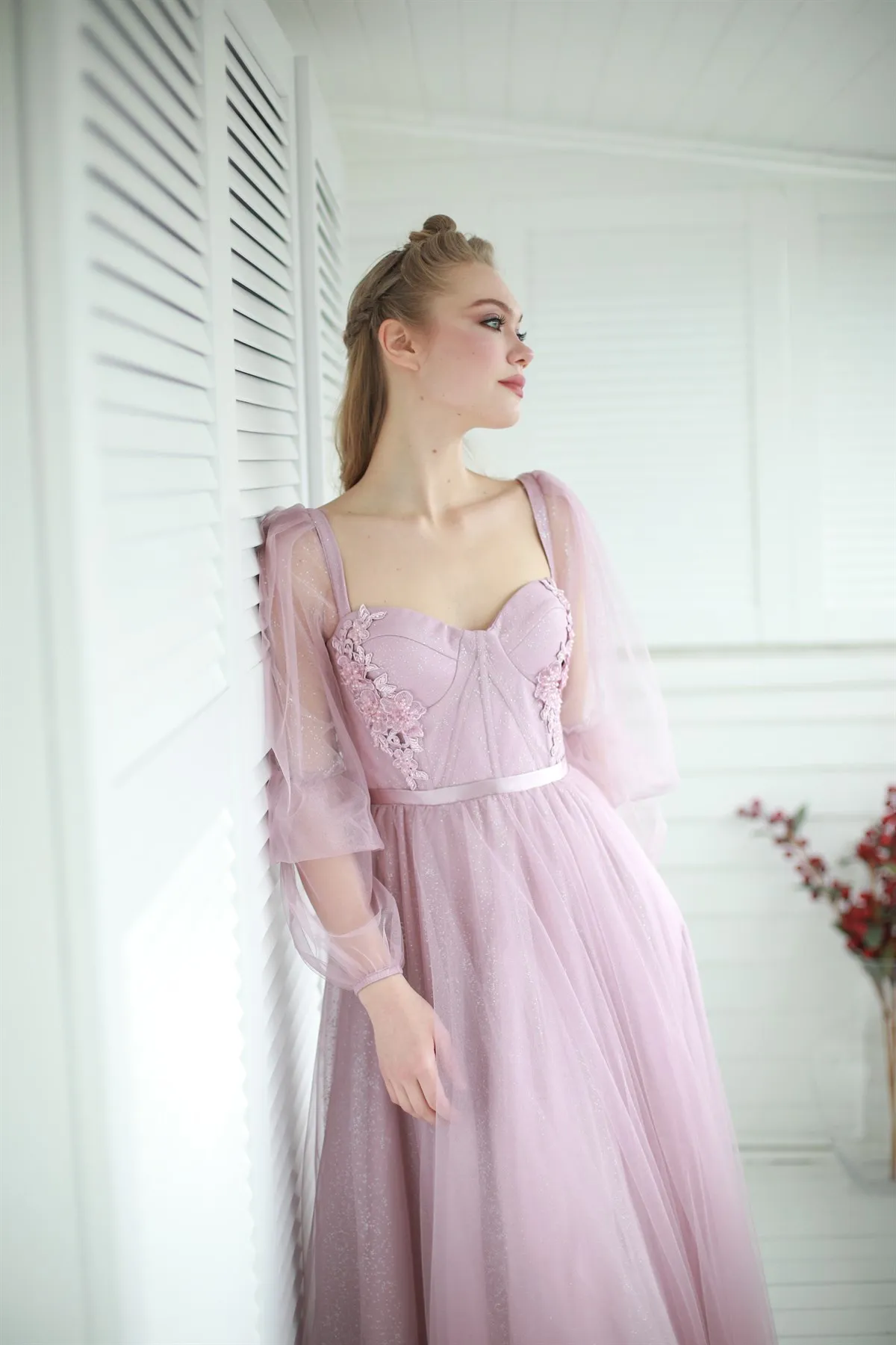 Eeqasn Blush Pink Glitter Tulle Beach Evening Party Dresses Lace Full Sleeves Prom Gowns Formal Women Event GownsCelebrity Dress