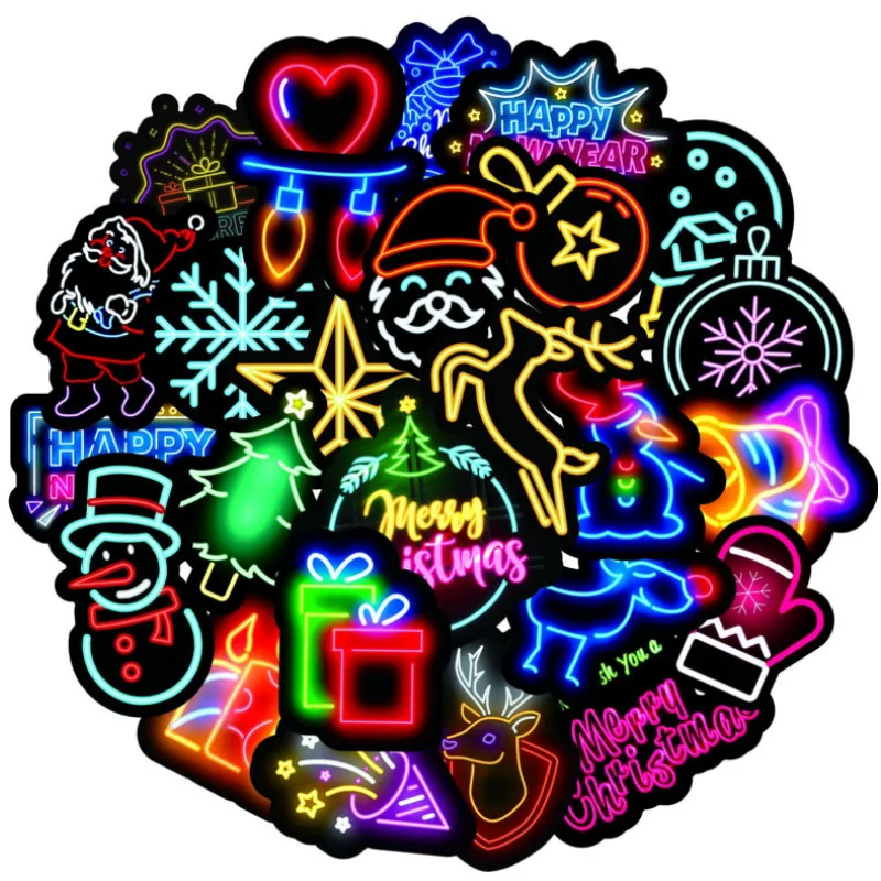 10/30/50pcs Christmas Neon Stickers Gradient  Santa Claus Reindeer Gift Chimney Snowman Phone Snowboard Laptop Luggage Fridge