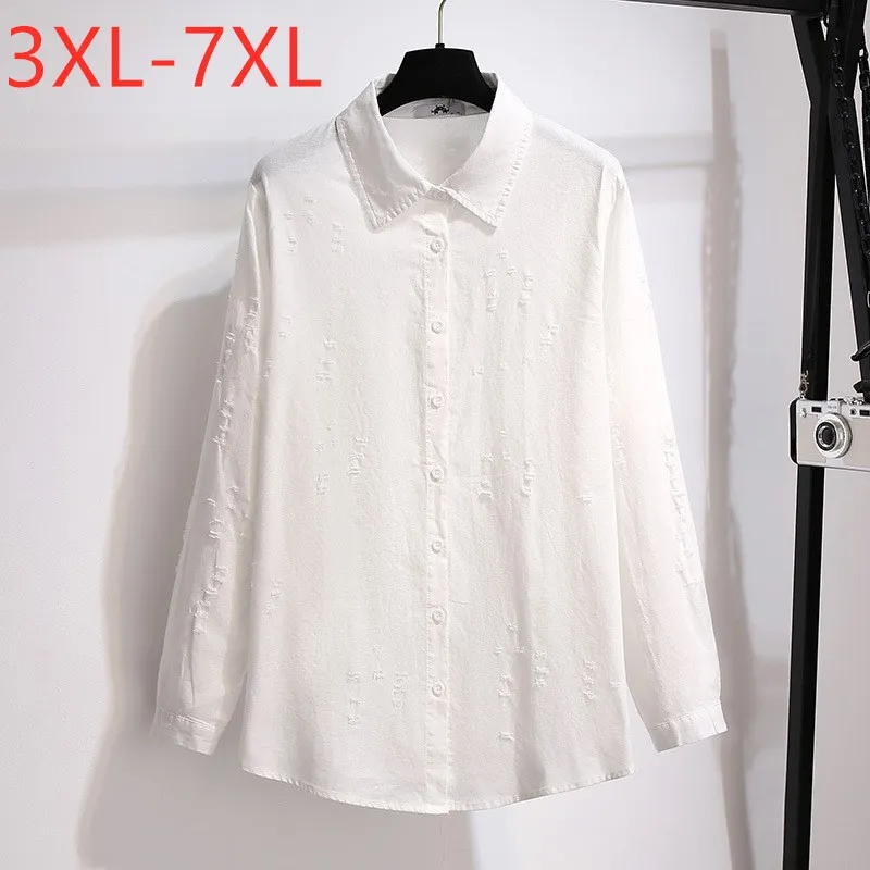 New 2021 Ladies Spring Autumn Plus Size Tops For Women Large Loose Long Sleeve White Cotton Linen Hole Shirt 3XL 4XL 5XL 6XL 7XL