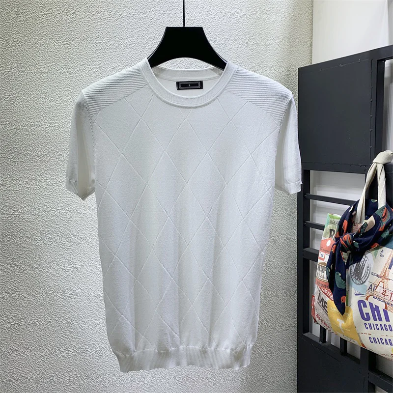 New Summer 2022 Short Sleeve Ice Silk Knitted T-shirt Tops Men Solid Color Slim Fit Stretched O-neck Casual Pullovers Tees B215