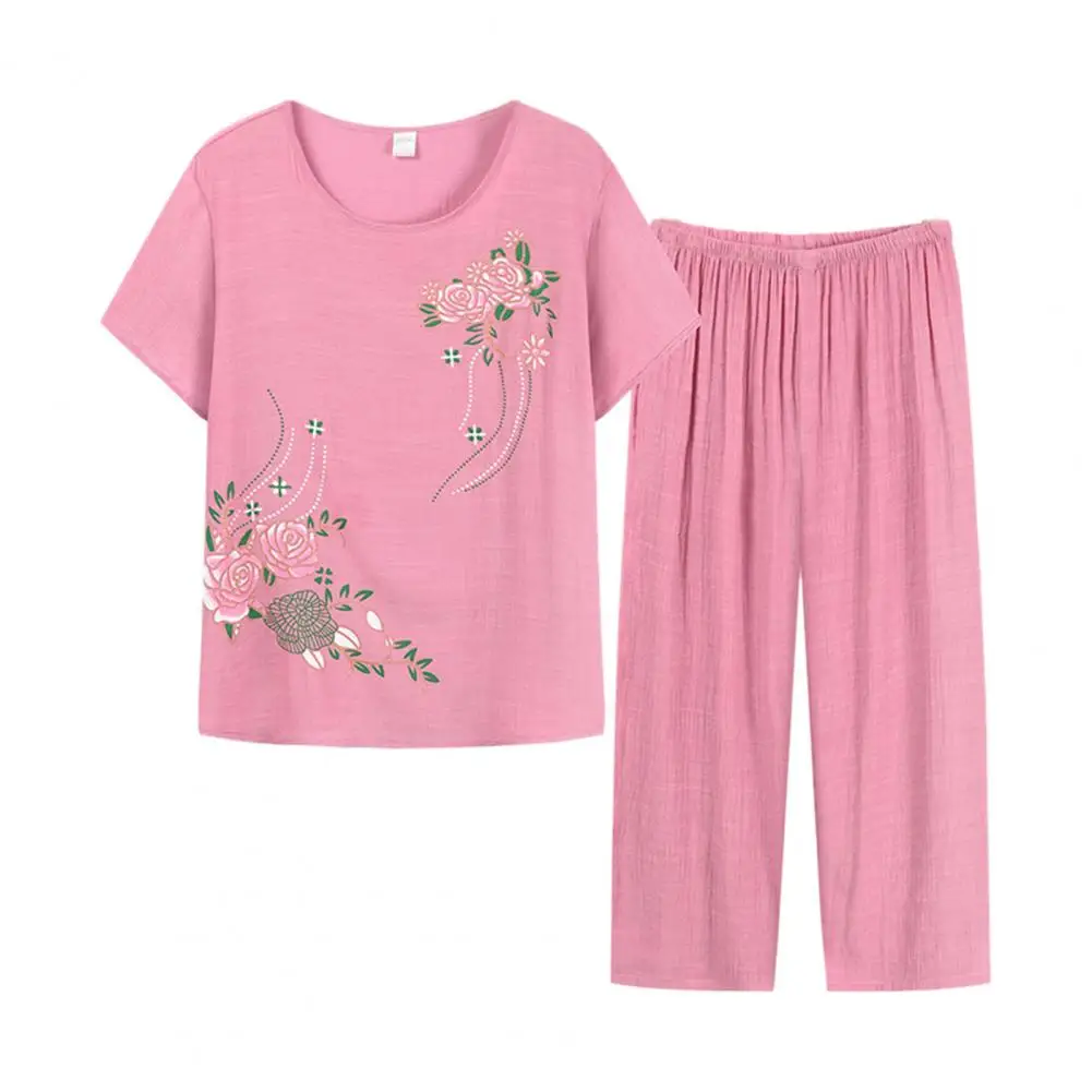 Summer Women Homewear Set Short Sleeve Floral Print T-shirt Pants Loose Two Pieces Set Outfit for Middle-aged Pajama Sets