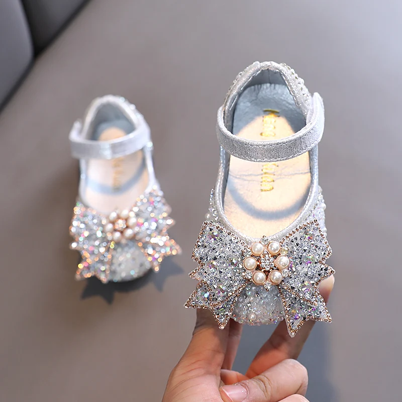 Zapatos de cuero de princesa con diamantes de imitación para niña, zapatillas de baile planas con lazo, novedad de primavera, 2022