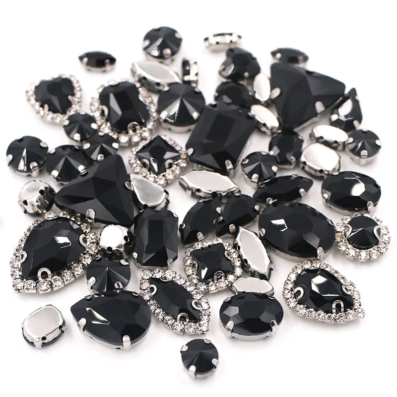 50pcs/Bag Black Mixed Shape Sew on Glass Rhinestone Silver Claw and Crystal Buckle Diy Wedding Decoration Clothes/Shoe/Dress