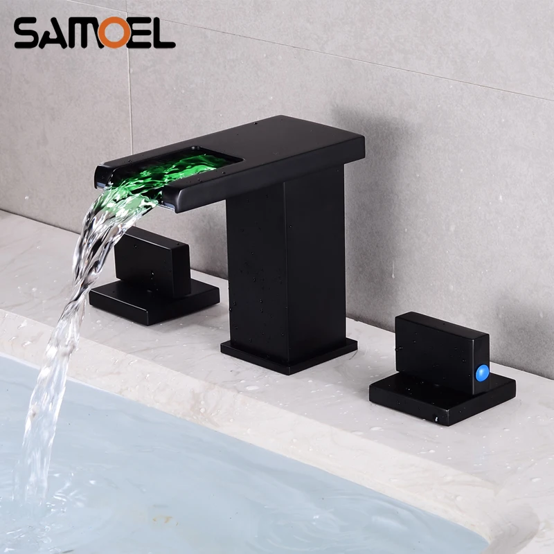 New Design Matte Black LED Light 3 Color White 3-Hole Dual Handle Waterfall Bath Tub Faucet Bathroom Sink Water Mixer Tap B3420