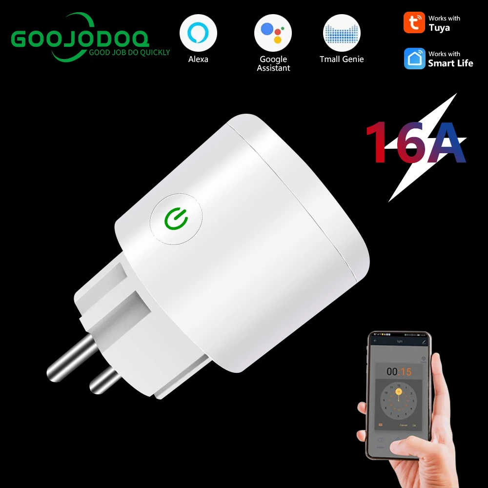 GOOJODOQ WiFi EU Smart Plug 16A 220V Adapter Wireless Remote Voice Control Power Monitor Timer Socket for Google Home Alexa