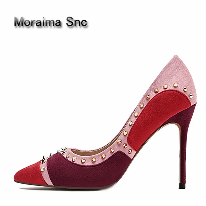 

Moraima Snc Newest Mixed Colors Suede High Heel Shoes Sexy Pointed Toe Rivets Studded Woman Pumps Thin Heels Dress Shoes