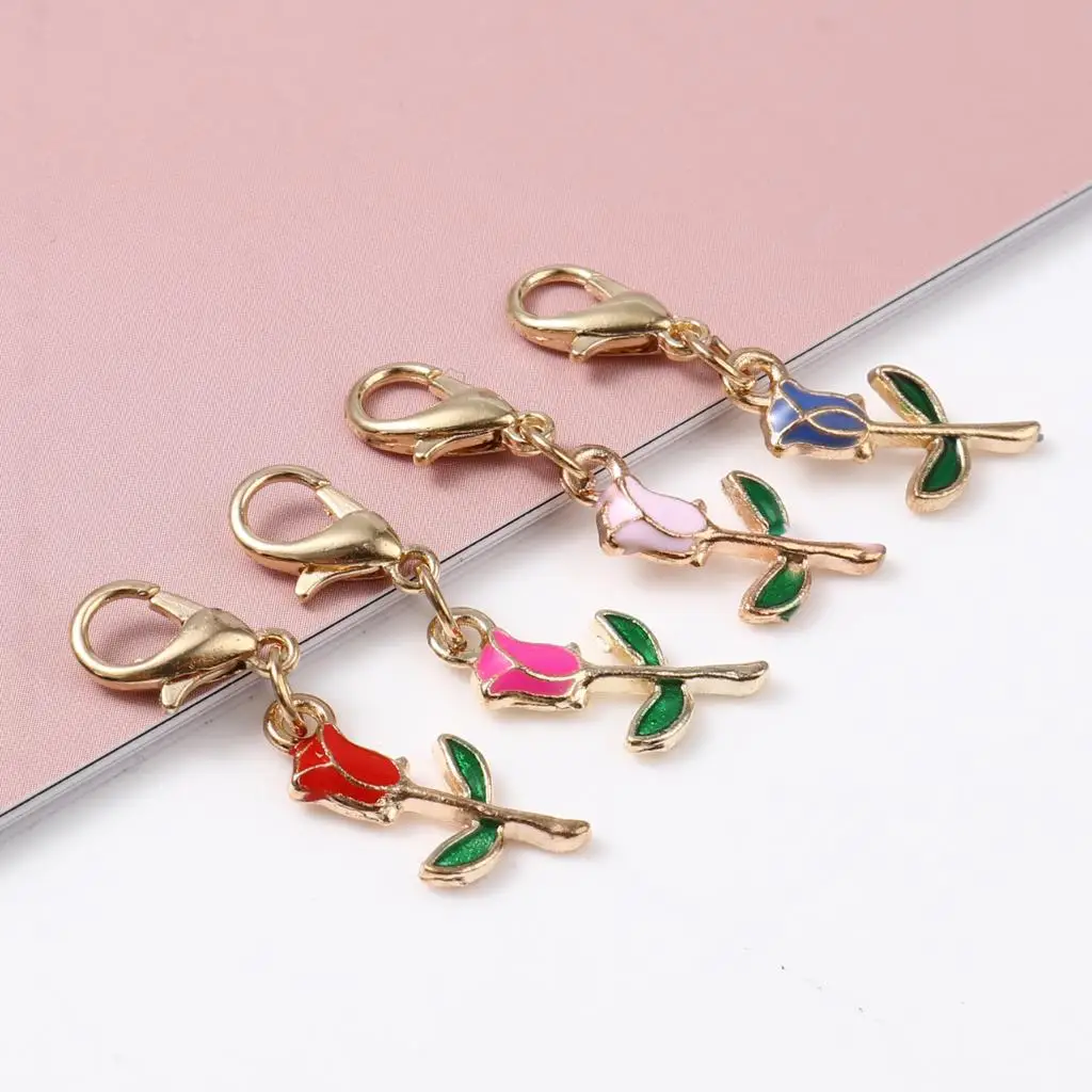 4pcs Handamde Knitting Stitch Markers Multicolor Rose Flower Enamel Pendants Lobster Clasp Crochet Latch DIY Craft Knitting Tool