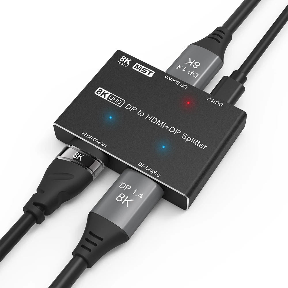 قائمة جديدة 8K DP الفاصل ديسبلايبورت إلى HDMI-متوافق + DP المزدوج ميناء الخائن MST SST 8K @ 30Hz 4K @ 120Hz للفيديو والصوت