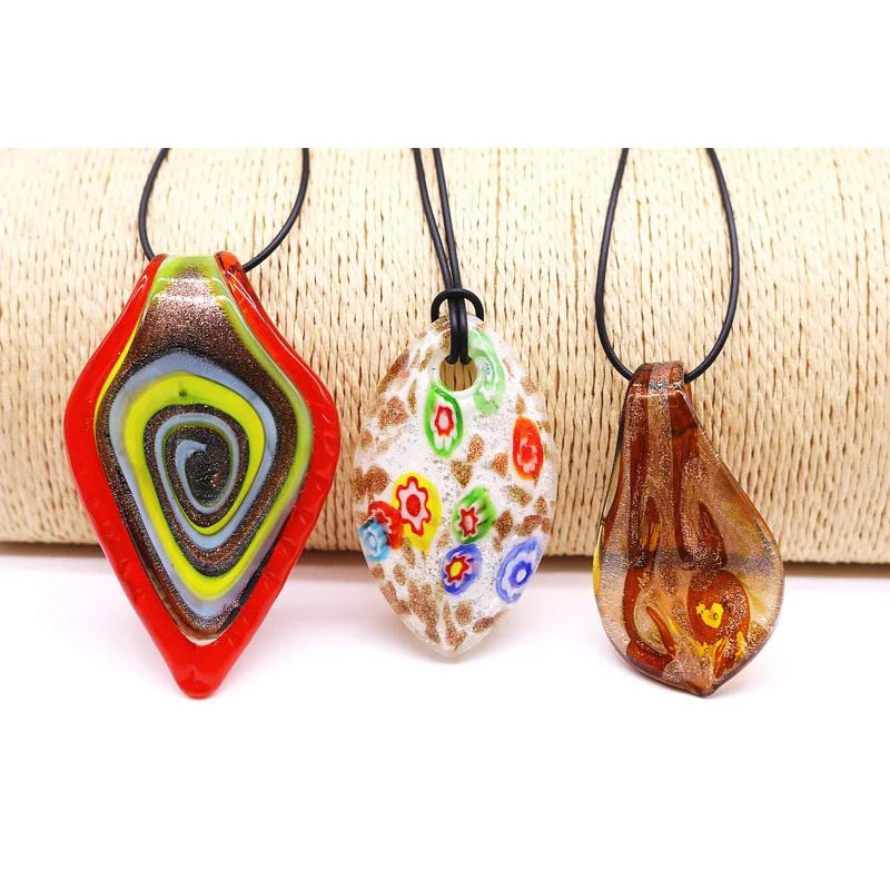 3PCS Glass Murano Lampwork Pendant Necklace For Women Mix Colors Chinese Style Different Shape  Jewelry Gift