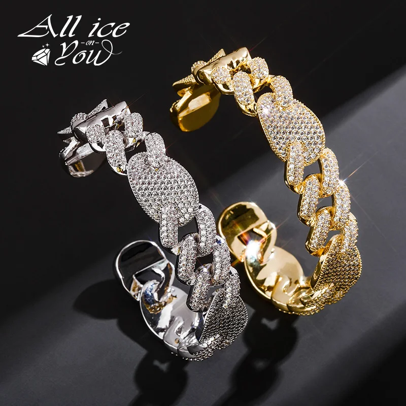 ALLICEONYOU 16mm Miami Cuff Clasp Cuban Link Silver Plated Bracelet Iced Out Cubic Zirconia Chain Hip Hop Jewelry For Gift