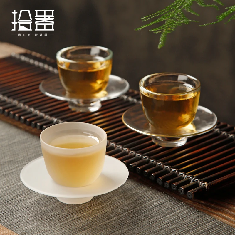 

Imitation song glass master cup with coaster two-piece kungfu tea set tea ceremony small tea cup and bowl anti scalding support