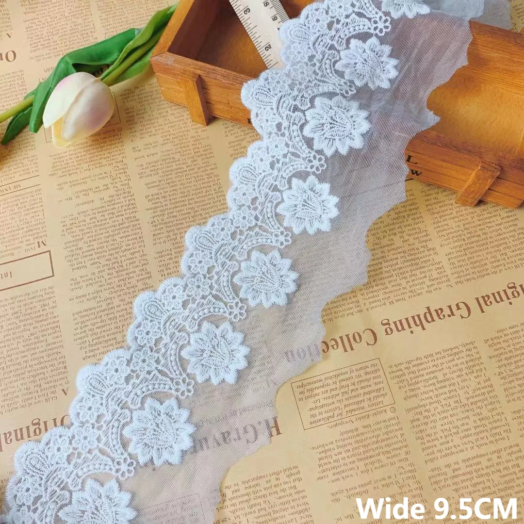 9.5CM Wide Luxury White Mesh Cotton Embroidered Flowers Ribbon Lace Fabric Handmade DIY Materials Wedding Dress Veil Accessories