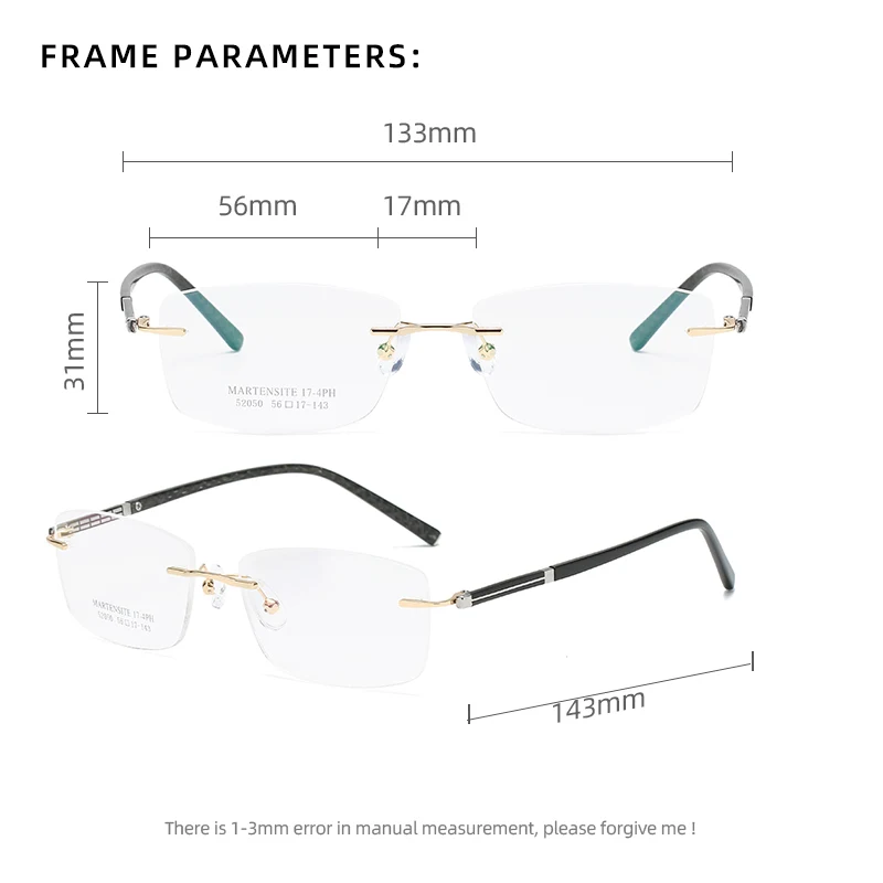 ZIROSAT 52050 Square Rimless Optical Glasses Frame Men Myopia Prescription Eye Glasses Frames For Men Spectacle Frames