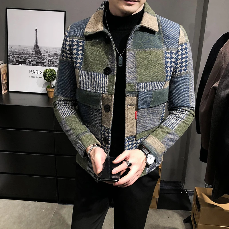 2021 Autumn and Winter Fashion New Men\'s Casual Lapel Hoodless Jacket / Male Slim Plaid Woolen Coat