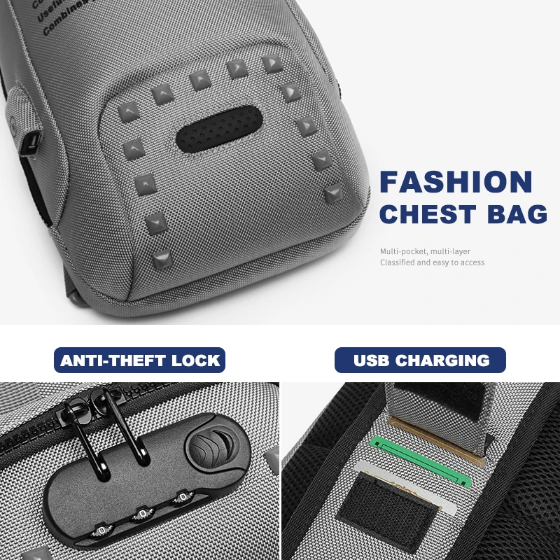 OZUKO Fashion Men nit Crossbody torby Anti-theft torba USB ładowanie torba piersiowa krótka wycieczka wodoodporna torba na ramię